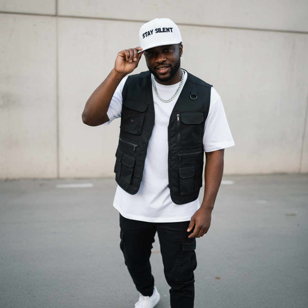 HushMode Stay Silent Snapback hat in white, front view