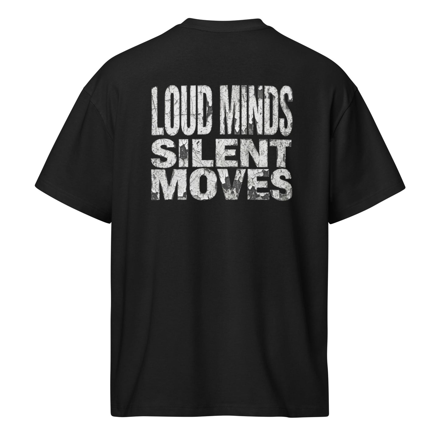 HushMode Loud Minds Box Tee in black, back view - oversized box fit streetwear t-shirt