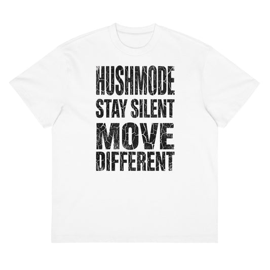 HushMode Move Different Tee in white, alternate front view - oversized box fit streetwear t-shirt