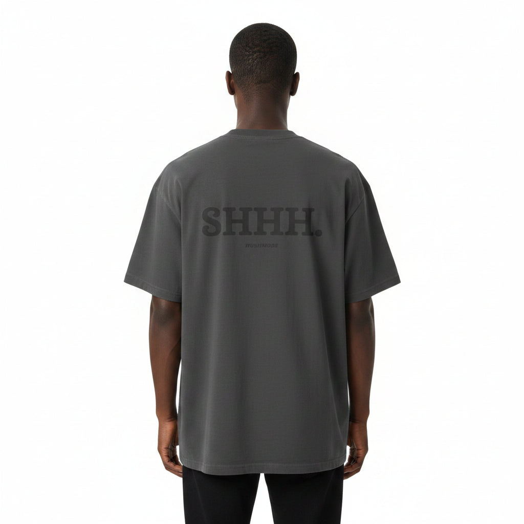 HushMode Stay Silent Tee in faded black, back view - oversized streetwear t-shirt