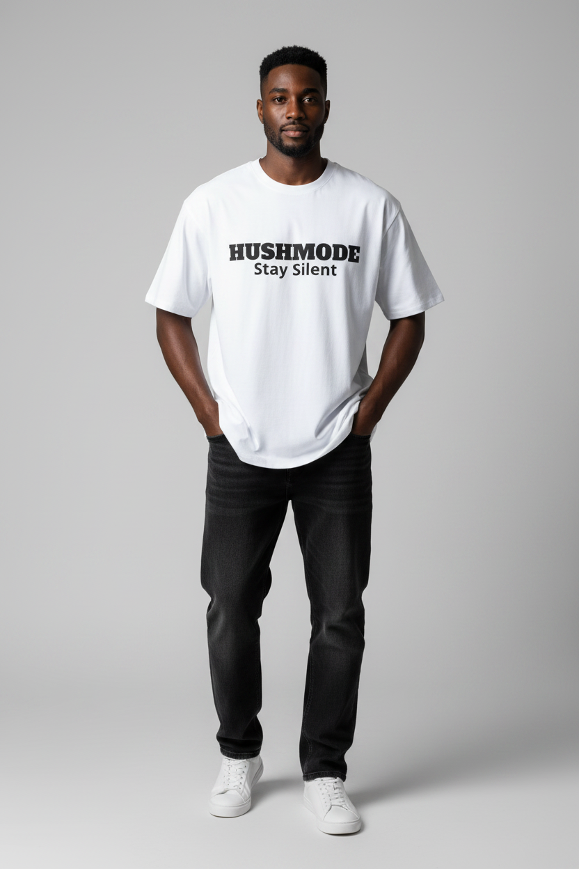 HushMode Statement Oversized Tee in white, front view - oversized streetwear t-shirt