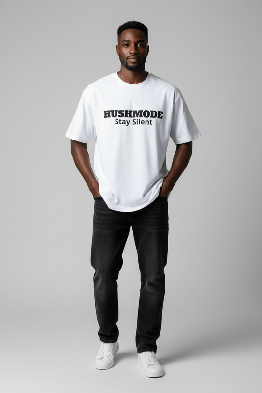 HushMode Statement Oversized Tee in white, front view - oversized streetwear t-shirt