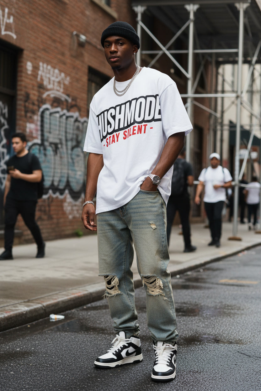 HushMode Discipline Tee in white, front view - heavyweight oversized streetwear t-shirt