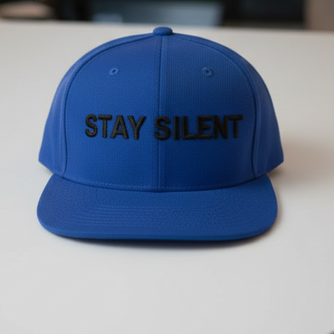 HushMode Stay Silent Snapback hat in royal blue, front view