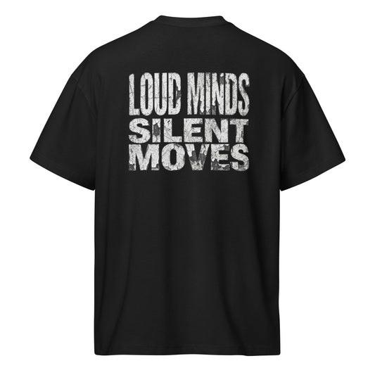HushMode Loud Minds Box Tee in black, back view - oversized box fit streetwear t-shirt