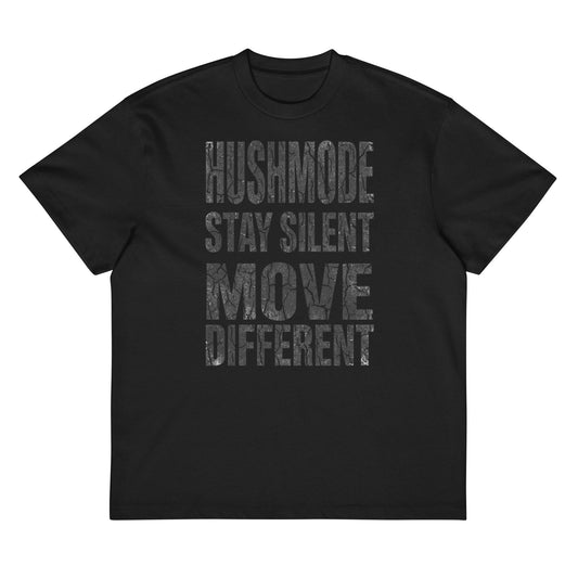HushMode Move Different Tee in black, front view - oversized box fit streetwear t-shirt