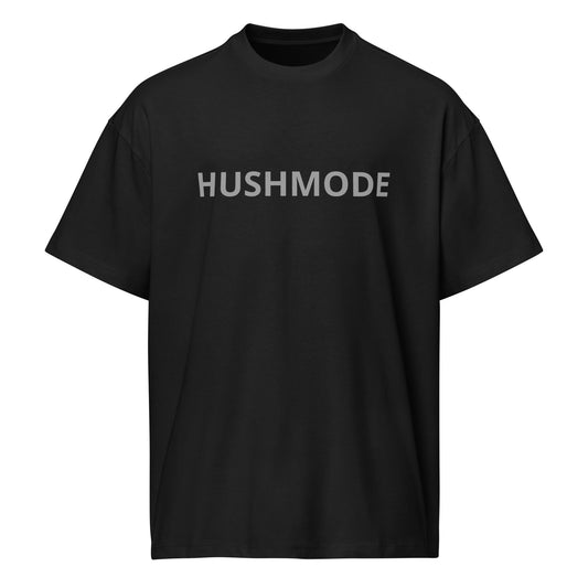 HushMode Loud Minds Box Tee in black, front view - oversized box fit streetwear t-shirt
