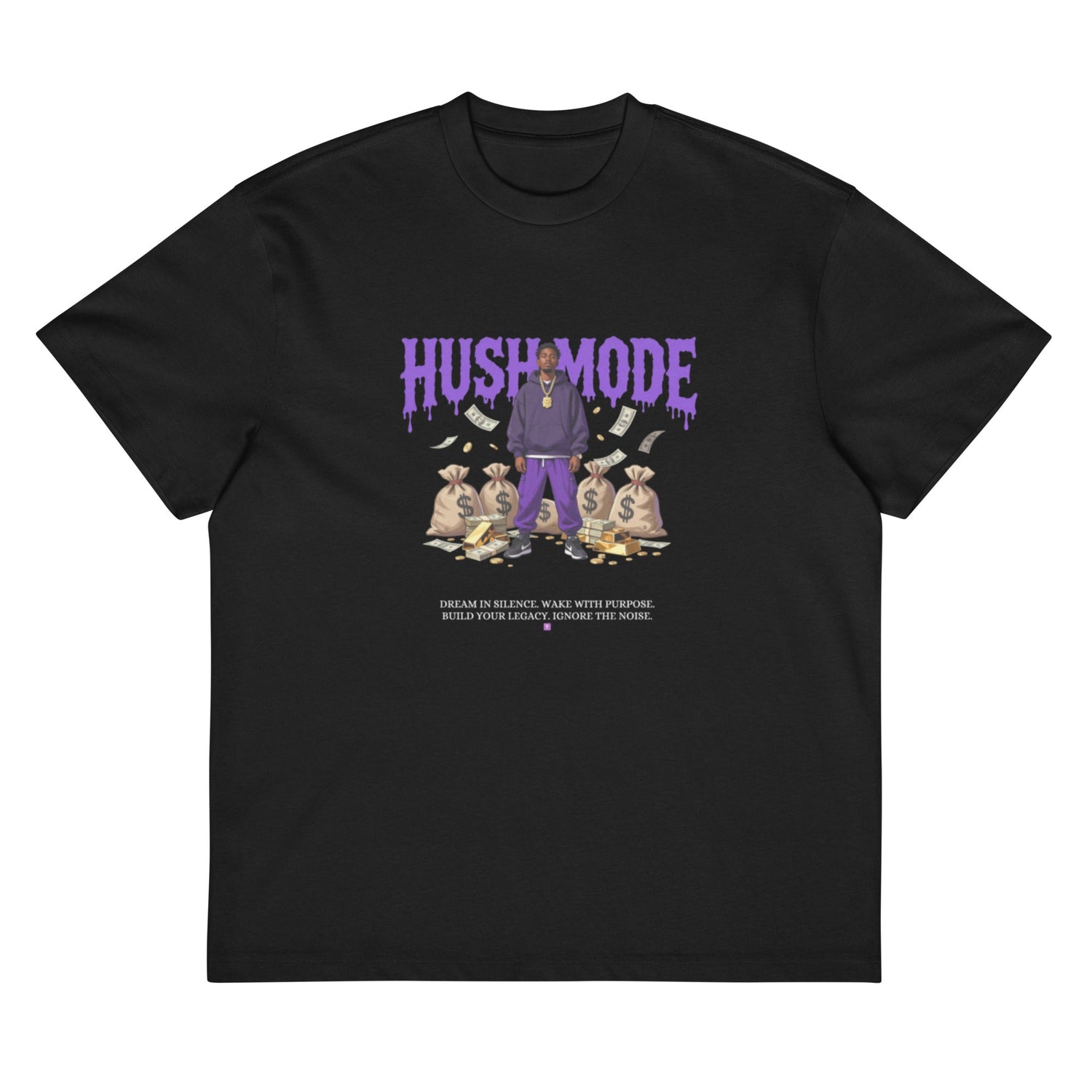 HushMode Dream in Silence Box Tee in black, front view - oversized box fit streetwear t-shirt