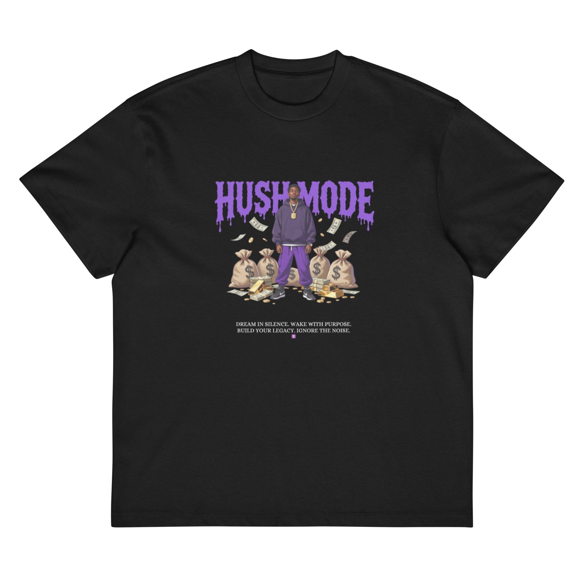 HushMode Dream in Silence Box Tee in black, front view - oversized box fit streetwear t-shirt