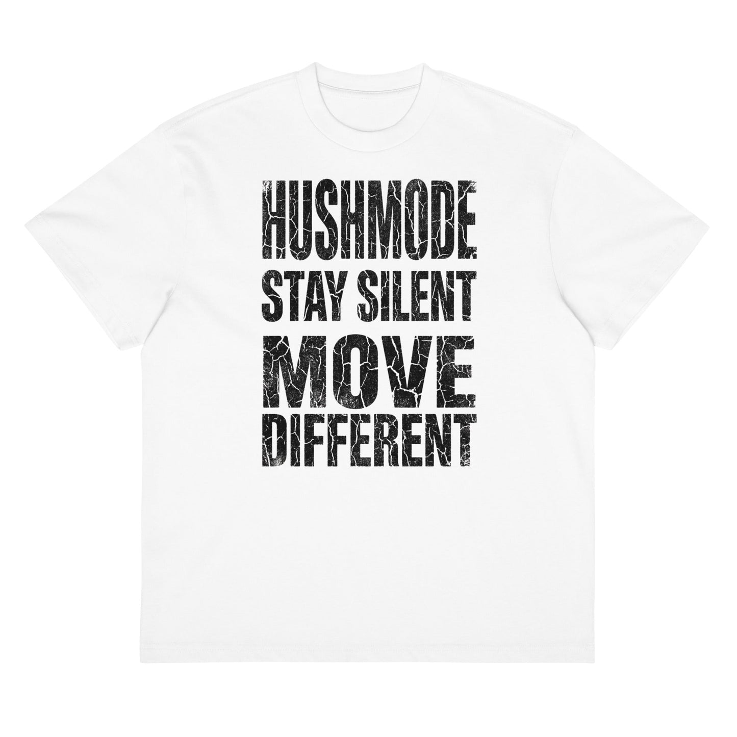 HushMode Move Different Tee in white, alternate front view - oversized box fit streetwear t-shirt