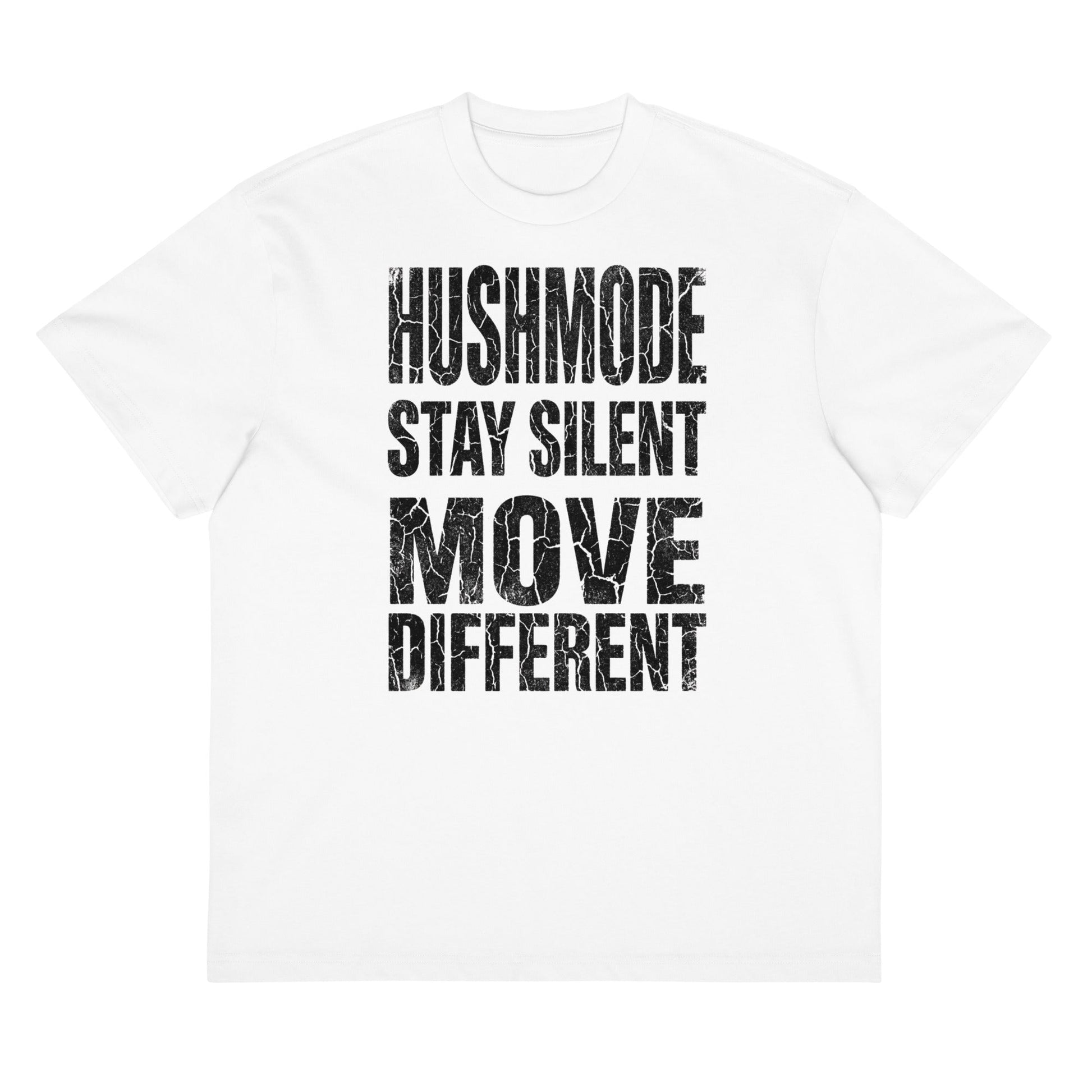 HushMode Move Different Tee in white, alternate front view - oversized box fit streetwear t-shirt