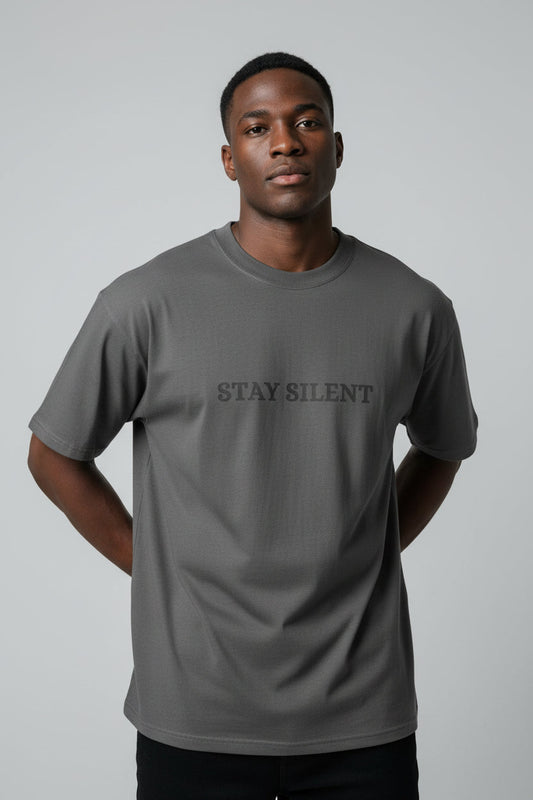 HushMode Stay Silent Tee in faded black, front view - oversized streetwear t-shirt