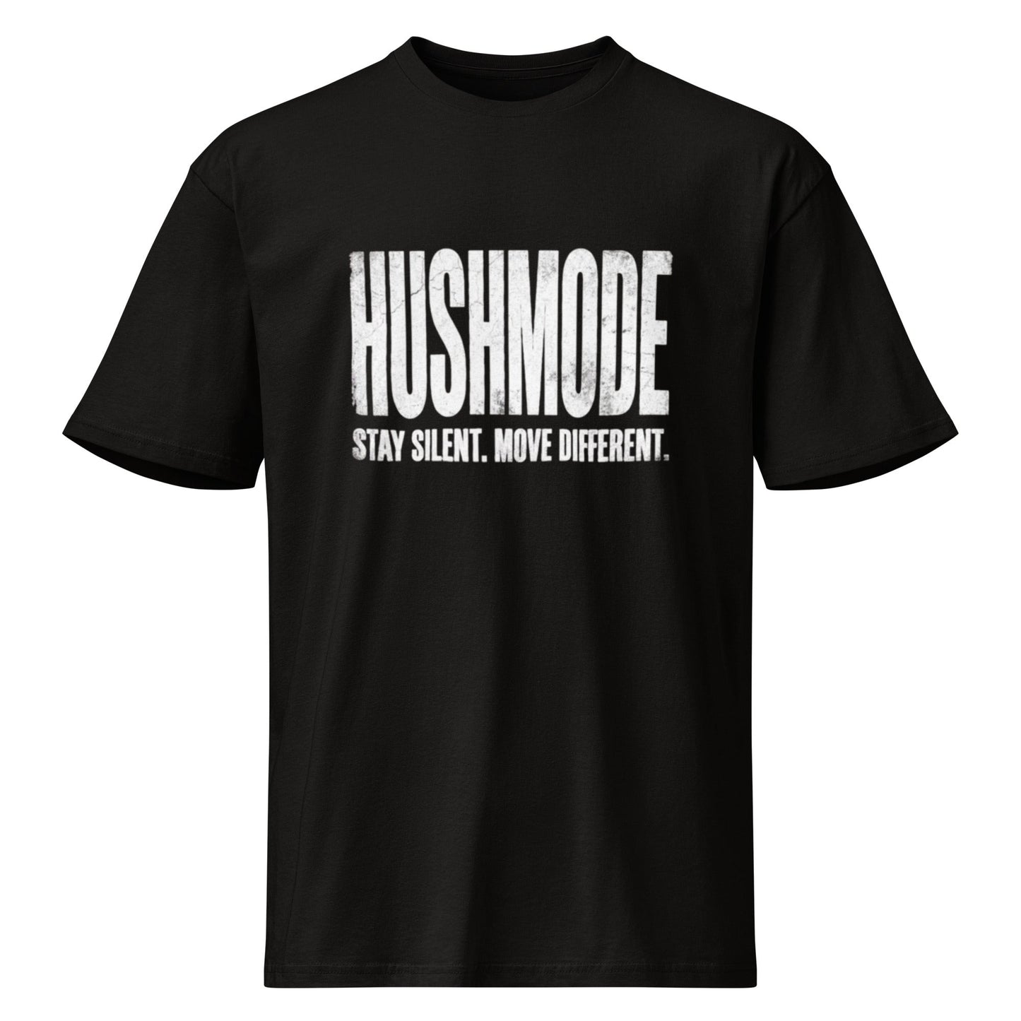 HushMode Tee in black, front view - premium streetwear t-shirt