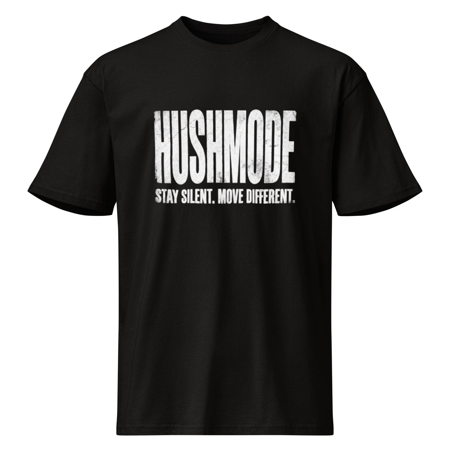 HushMode Tee in black, front view - premium streetwear t-shirt