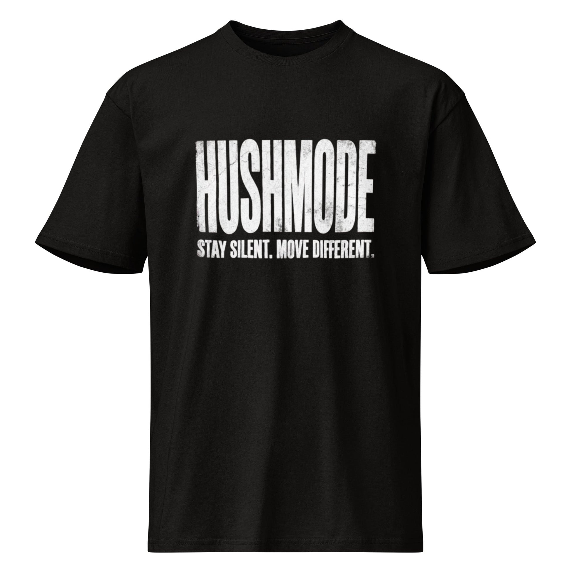 HushMode Tee in black, front view - premium streetwear t-shirt