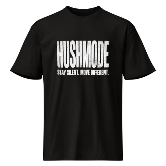 HushMode Tee in black, front view - premium streetwear t-shirt
