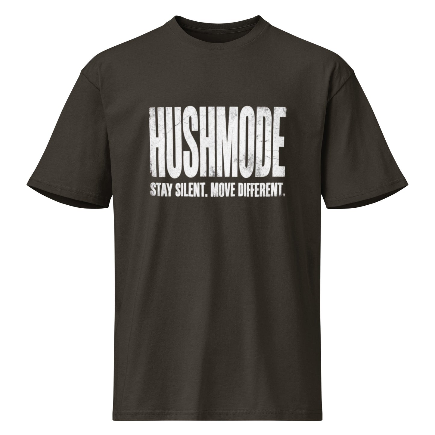 HushMode Tee in vintage black, front view - premium streetwear t-shirt