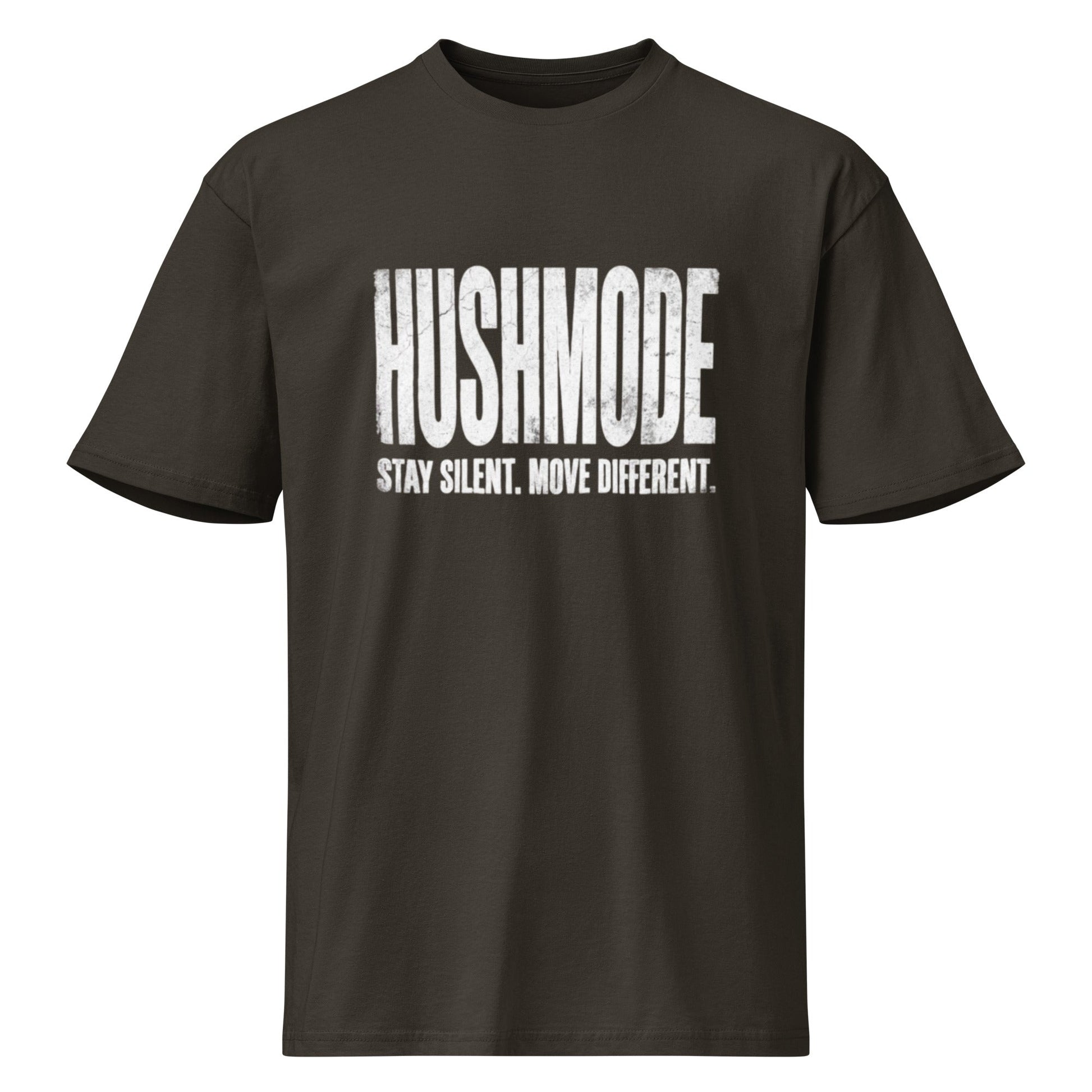 HushMode Tee in vintage black, front view - premium streetwear t-shirt